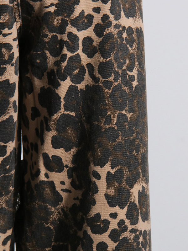 High Waisted Loose Leopard Printed Ripped Split-Joint Jean Pants Bottoms
