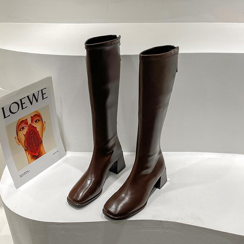 Women's Over-The-Knee Slim High Boots | Chunky Heel PU Leather | Black Brown Beige Khaki