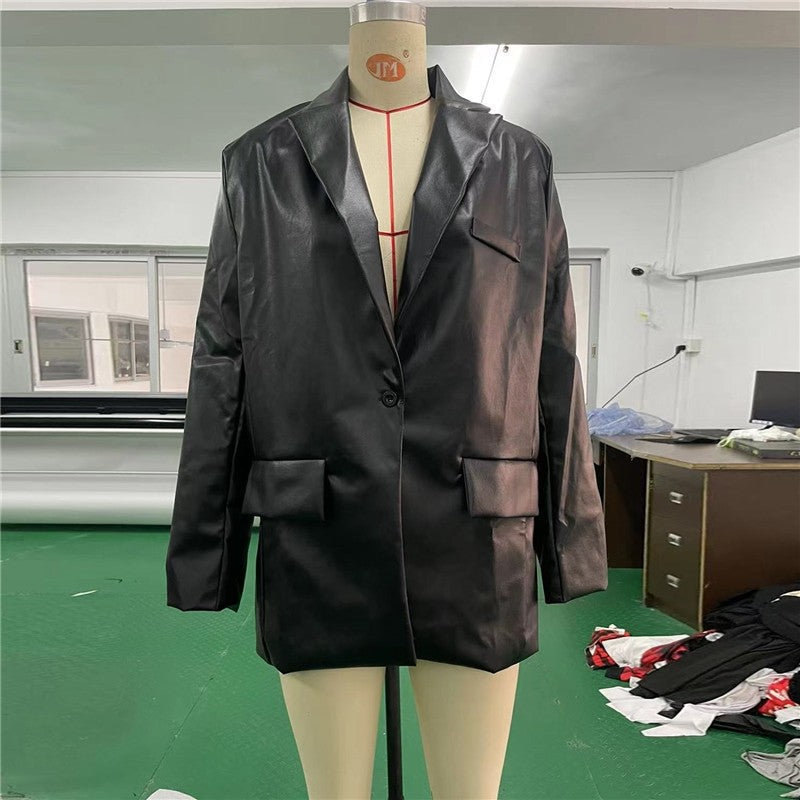 Solid Color Medium Length Leather Jacket
