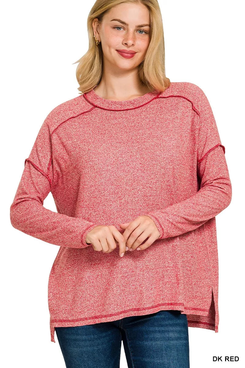 Full Size Melange Hacci Exposed Seam Hi-low Tee Plus Size