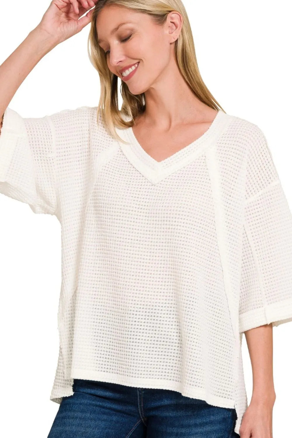 Brushed Waffle Exposed-seam 3/4 Sleeve Top