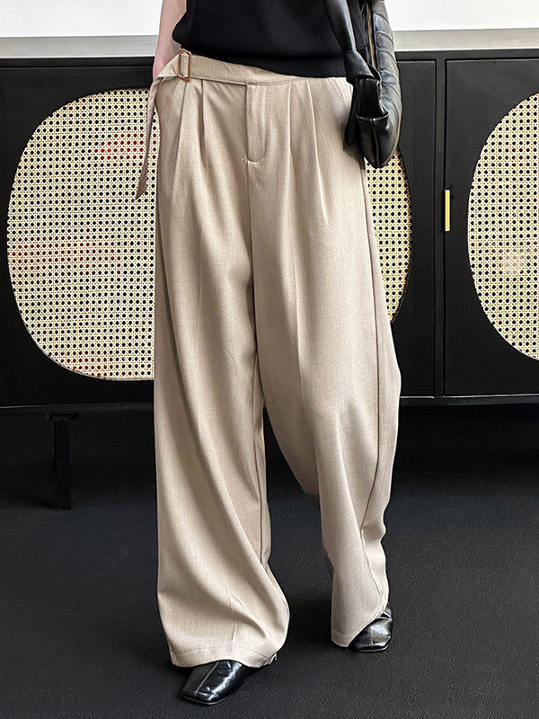 High Waisted Loose Belt Buckle Solid Color Suit Pants Trousers