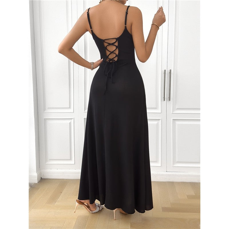 Solid Color Spaghetti Strap Sleeveless Backless Bandage Maxi Dress