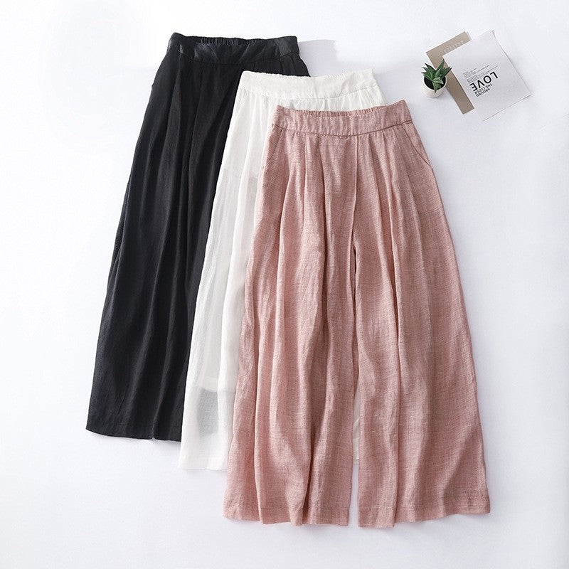 Solid Color Elastic Waist Wide Leg Casual Loose Thin Pants