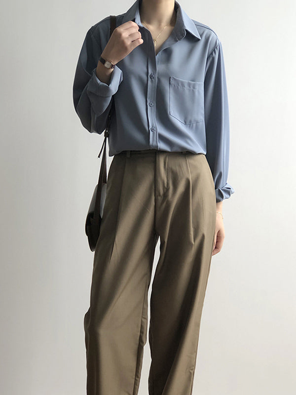 Urban Solid Color Lapel Long Sleeves Blouse