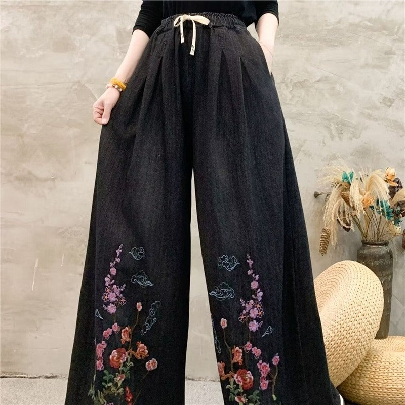 Embroidered High-Waisted Wide-Leg Pants With Tie Waist