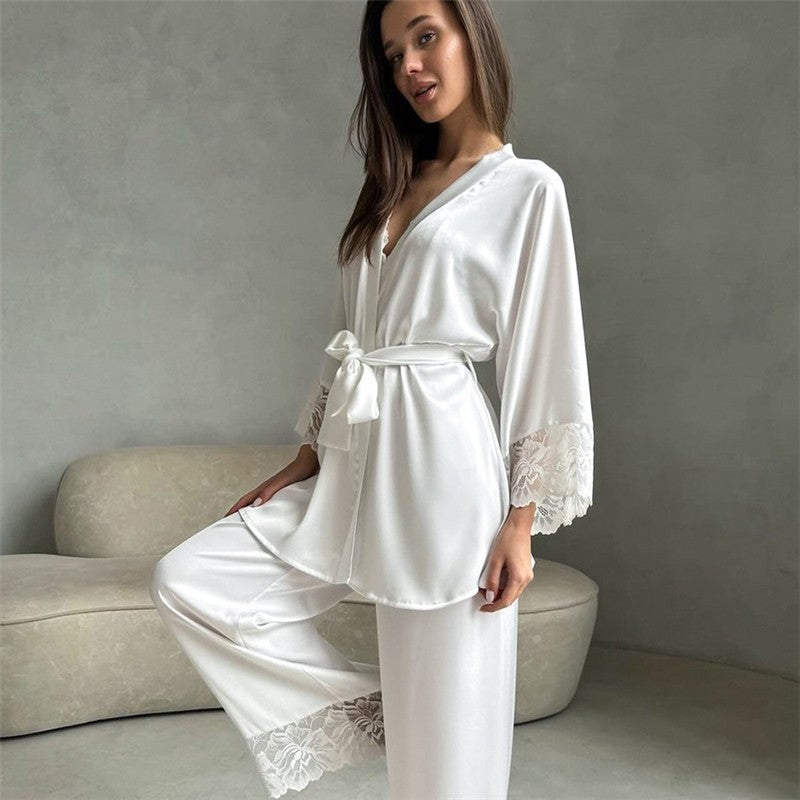 Tie-Waist Lace Robe and Pants Pajama Set