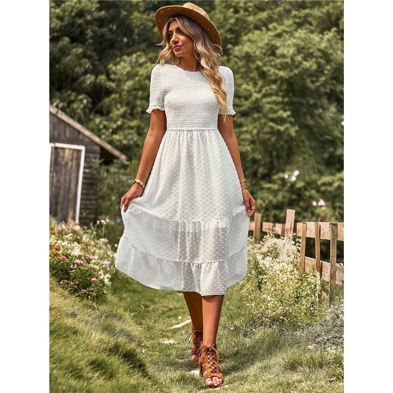 Solid Color Short Sleeve Round Neck Midi Dress for Women