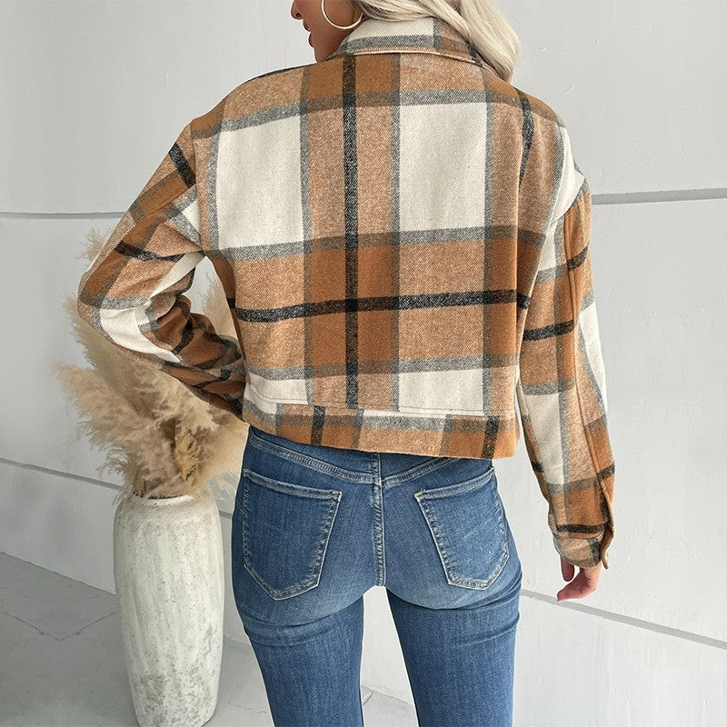 Retro Fashion Plaid Lapel Short Jacket