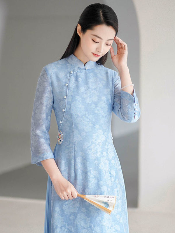 Fashion Vintage Light Blue Jacquard Long Cheongsams