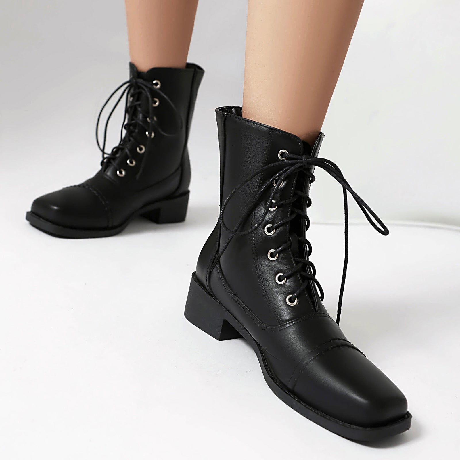 Women's Lace-Up Square-Toe Motorcycle Boots | Low Heel Outdoor Ankle Boots