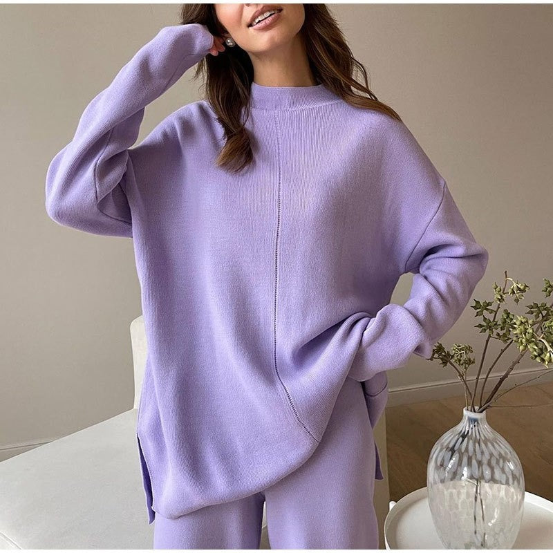 Casual Loose Knitted Two-Piece Set with Solid Color Long Sleeve Top and Pants