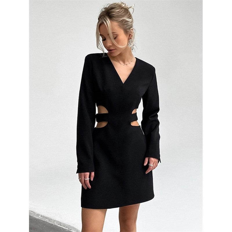 Solid Color Long Sleeve V-Neck Hollow A-Line Mini Dress