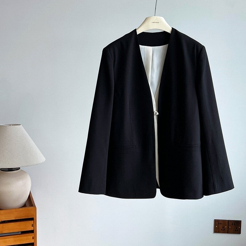 Chic Chinese Jacquard Lapel Blazer with Faux Two-Piece Design