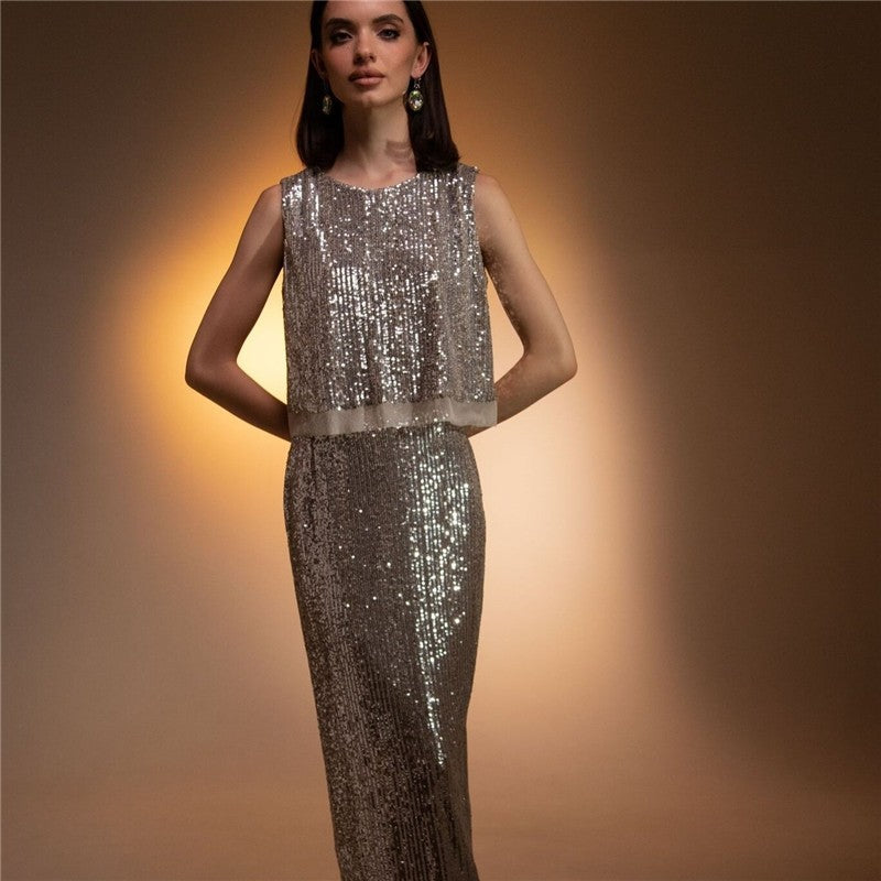 Sequin Embellished Vest and Maxi Skirt Ensemble