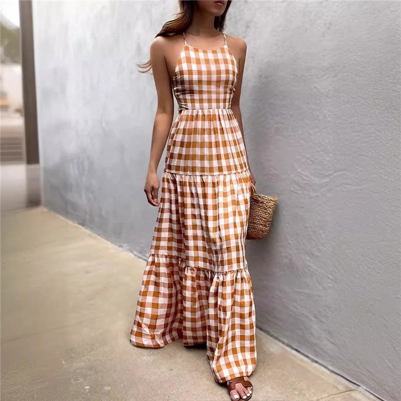 Strappy Plaid Maxi Dress with Tie-Waist - Casual and Chic