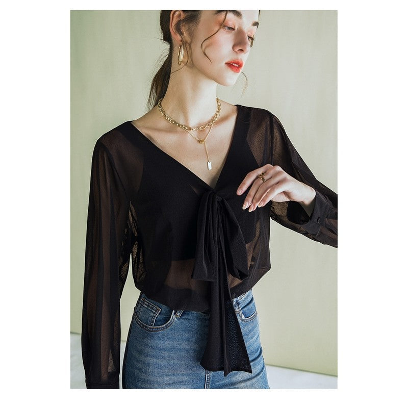 Solid Color V-Neck Bandage Long Sleeve Sheer T-Shirt