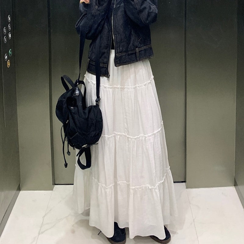 Elegant Solid Color Elastic Waist Pleated A-Line Maxi Skirt