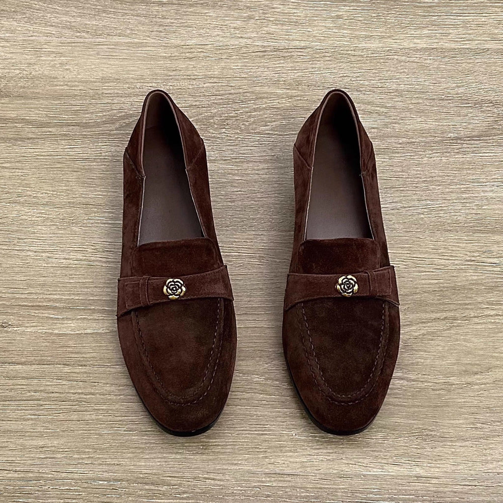 Women's Retro Camellia Sheepskin Loafers | Chunky Low Heel Slip-On Flats