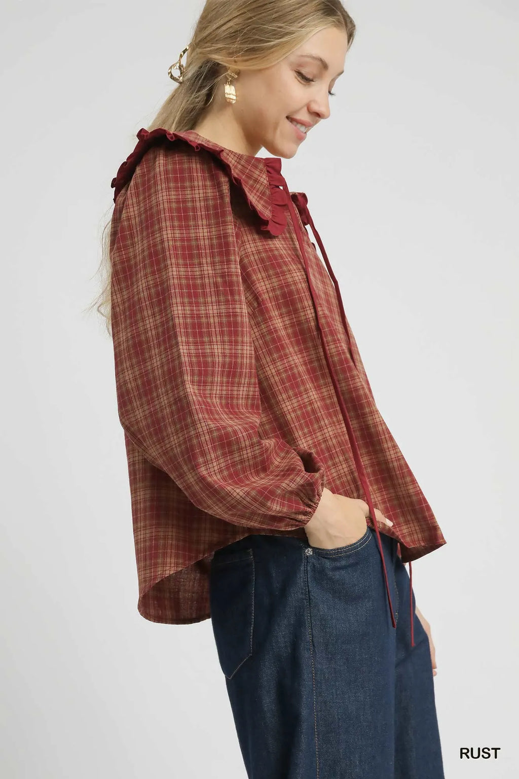 Full Size Plaid Ruffle Collar Blouse Plus Size