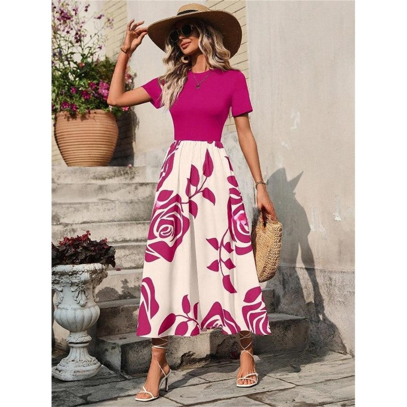 Crewneck Short Sleeve High Waisted Patchwork A-Line Maxi Dress