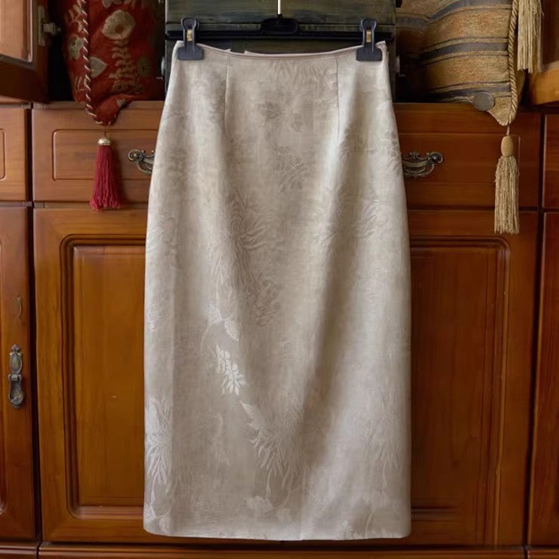 Retro Jacquard High Waisted Slit Skirt