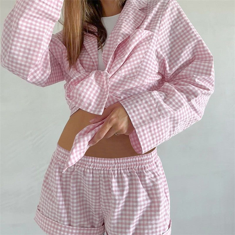 Plaid Cardigan and Long Pants Pajama Set