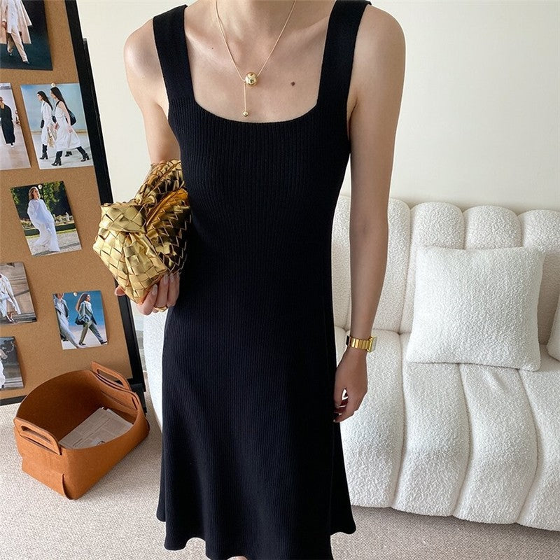 Knitted Hepburn Style Dress with Wide Shoulder Straps