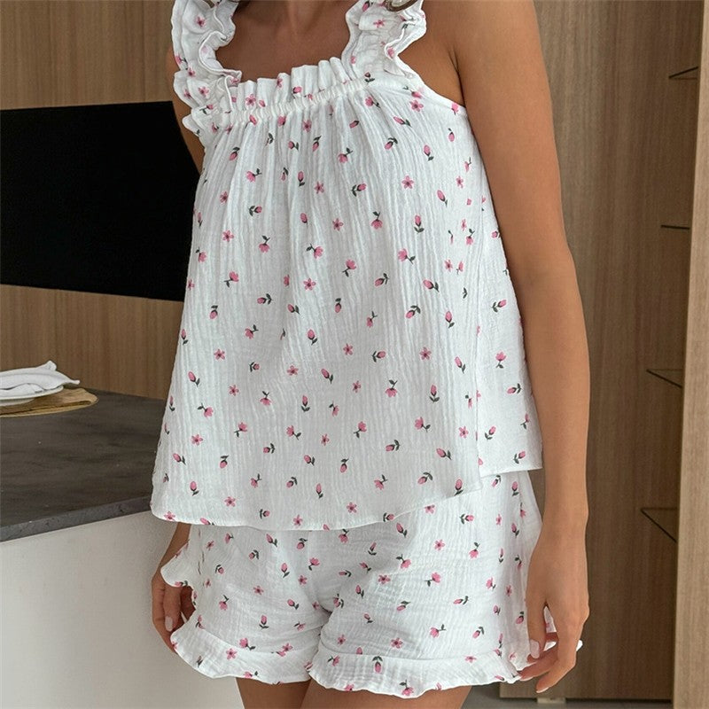 Floral Printed Sleeveless Crop Top Pajama Set
