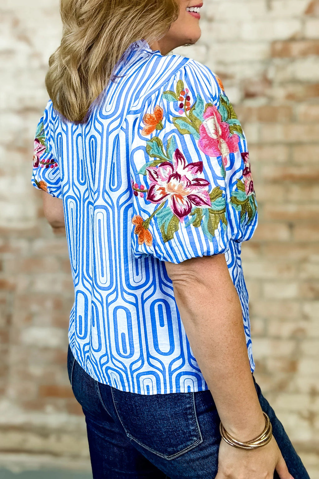 Sky Blue Unique Geometry Print Floral Embroidered Puff Sleeve Blouse