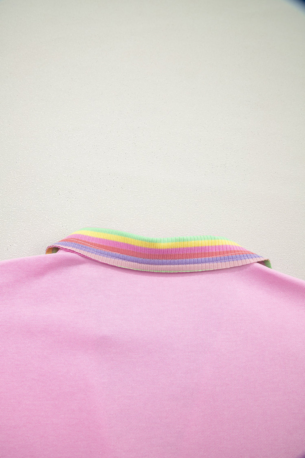 Pink Rainbow Stripe Ribbed Patchwork Raw Seam Oversize Polo Tee
