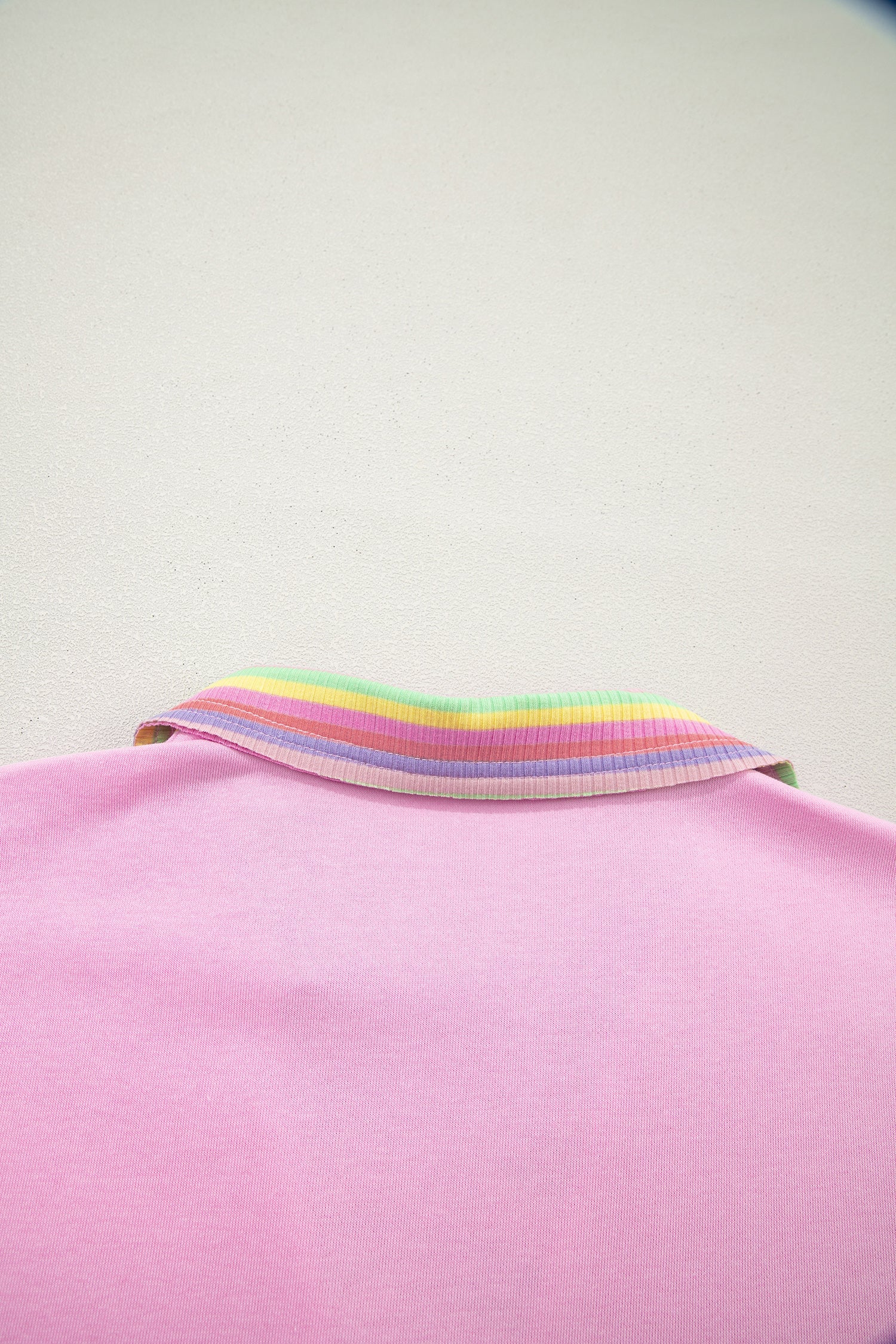 Pink Rainbow Stripe Ribbed Patchwork Raw Seam Oversize Polo Tee