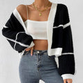 Knitted Short Cardigan With Exposed Navel And Color Collision