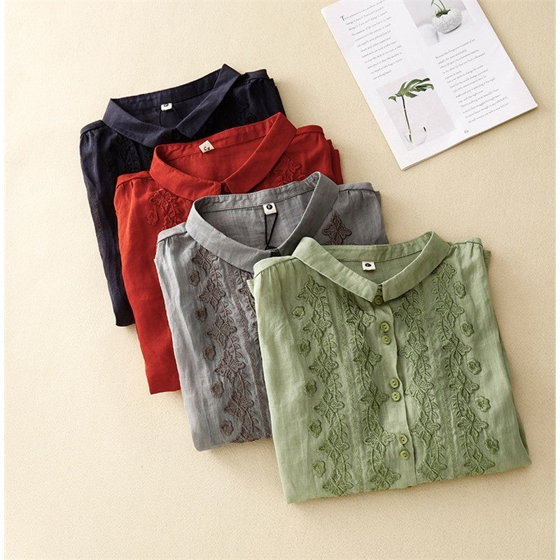 Solid Color Lapel Three-Quarter Sleeve Embroidery Retro Blouse