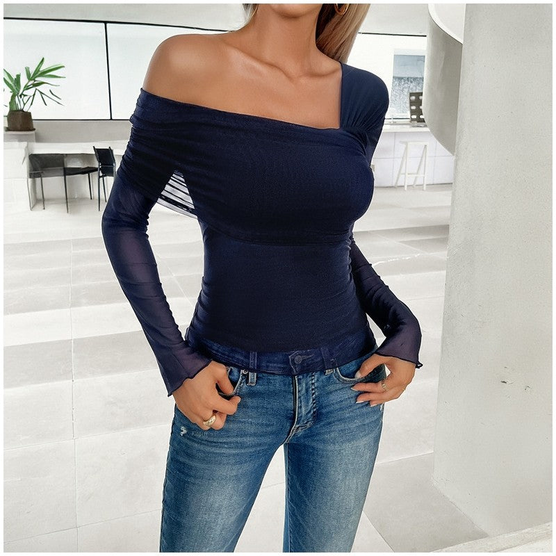 Chic Off-Shoulder Mesh Long Sleeve Top