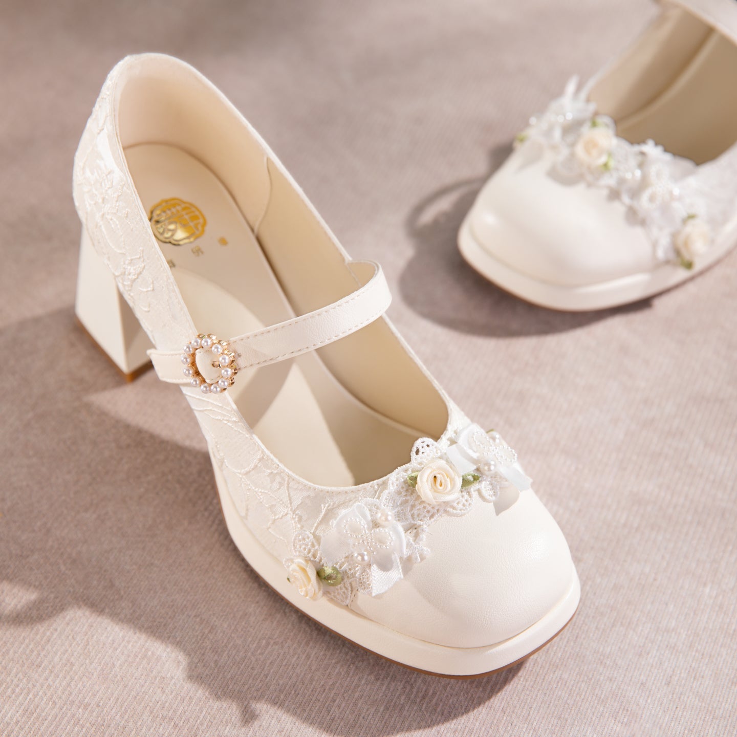 Women's Lace Mary Jane Platform Heels | Pearl Buckle Bridal Shoes