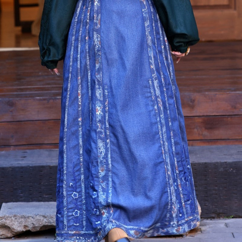 Vintage Denim Midi Skirt with Intricate Embroidery