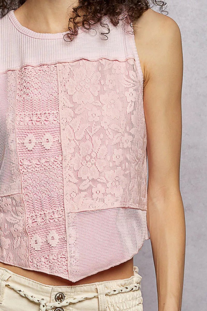 Ribbed Round Neck Cropped Tank with Lace Detail