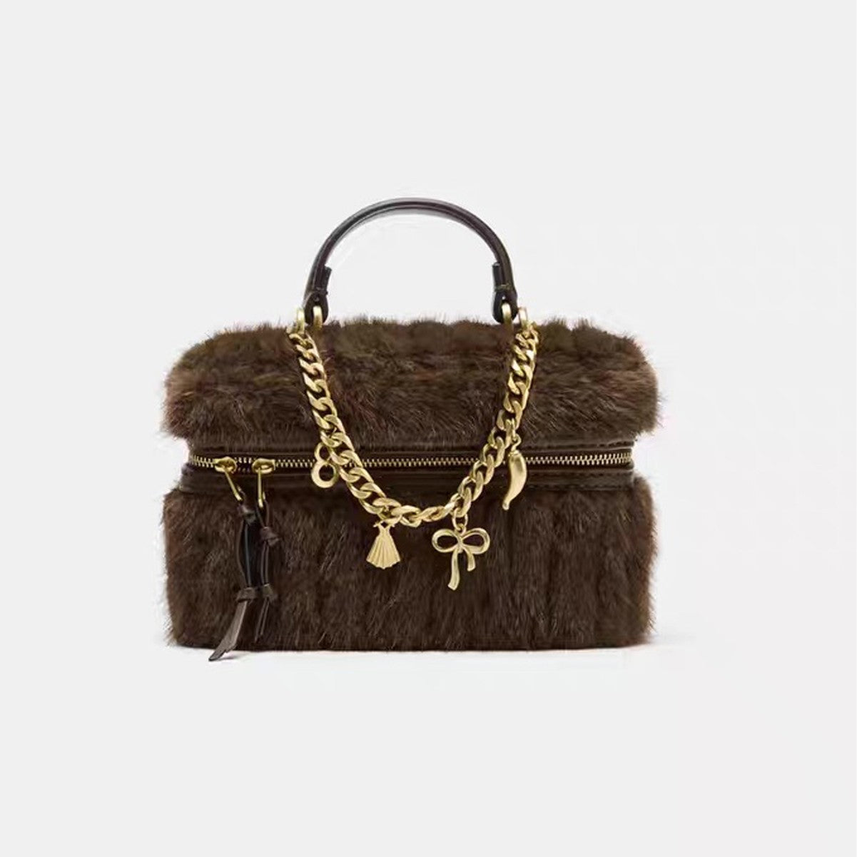 Chic Plush Chain Crossbody Bag – Synthetic Leather Mini Handbag for Women | Coffee Brown