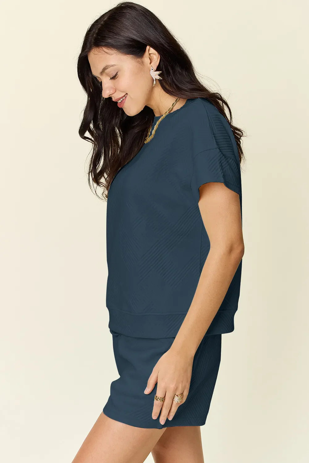 I am a Fashion Junky Full Size Texture Short Sleeve T-Shirt and Drawstring Shorts Set