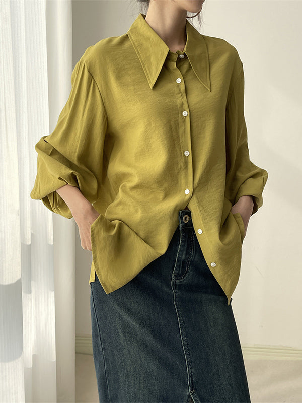 Loose Puff Sleeves Pleated Split-Joint Sun Protection Lapel Blouses
