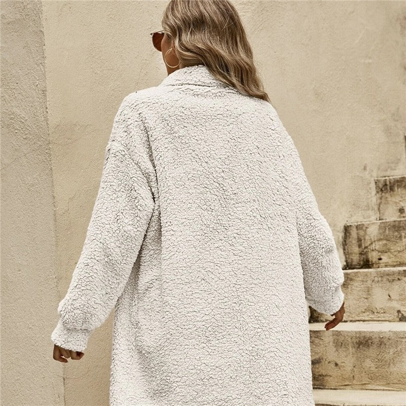 Solid Color Lapel Woolen Open-Front Overcoat
