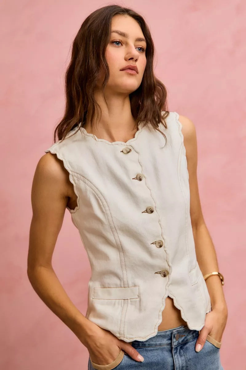 Scalloped Edge Cotton Twill Washed Vest Top