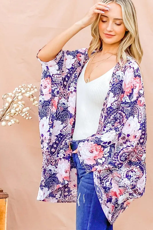 Floral Print Dolman Sleeve Kimono Cardigan