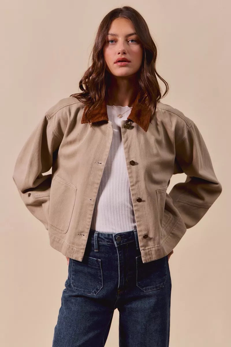 Cotton Twill Cropped Barn Jacket wtih Collar