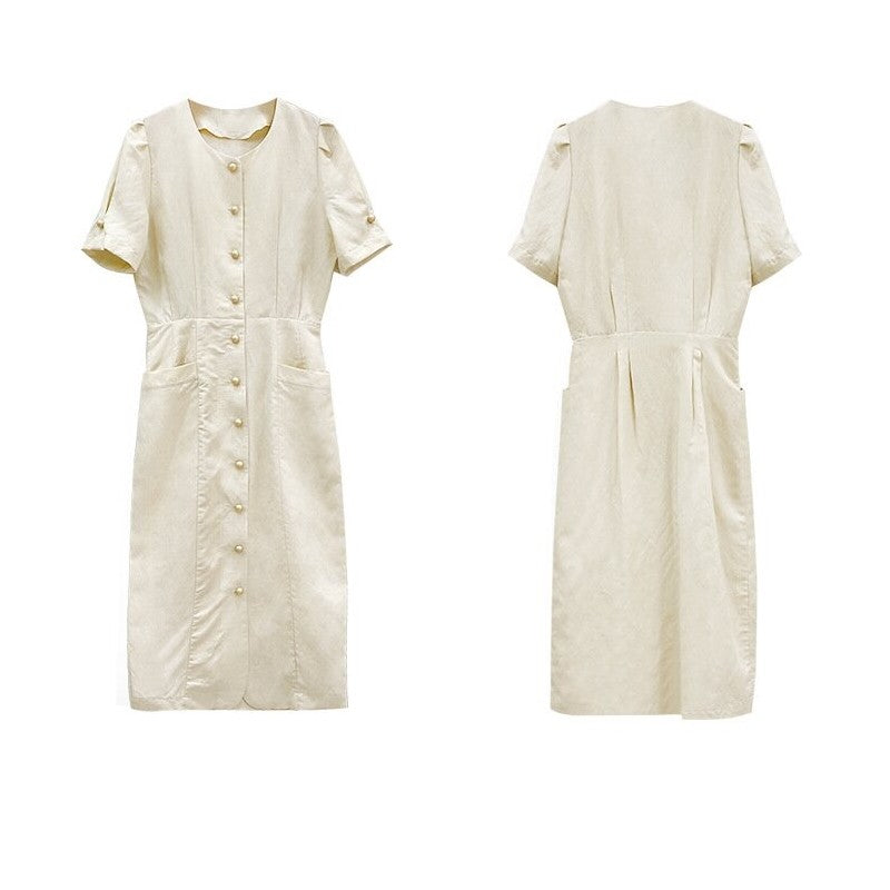 Solid Color Elegant Linen Dress with Slim Waist Fit