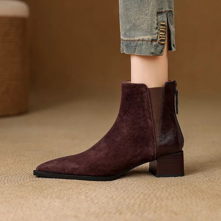Women's Matte Square-Toe Lug Sole Boots | Microfiber Leather Fall & Winter Ankle Boots
