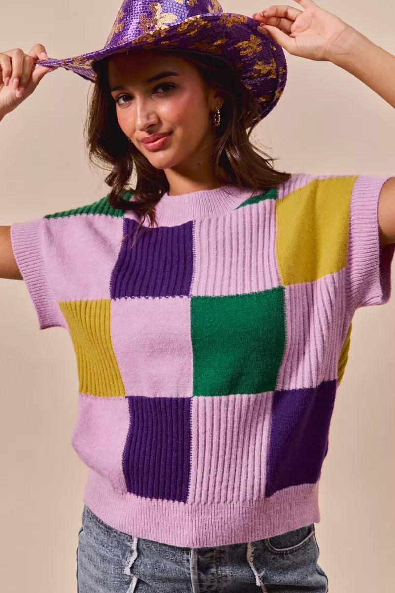 Mardi Gras Check Plaid Casual Sweater Top