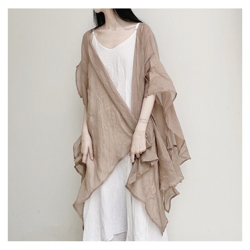 Sheer Half Sleeve Loose Fit Casual Cardigan in Solid Color