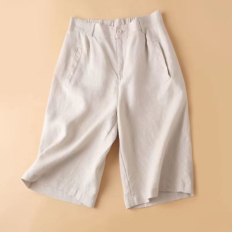 Women's Cotton And Hemp Loose Fit High Waist Wide Leg Elastic Shorts
